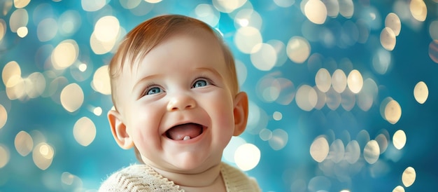 Portrait happy smiling baby face over blue bokeh lights background Generated AI image