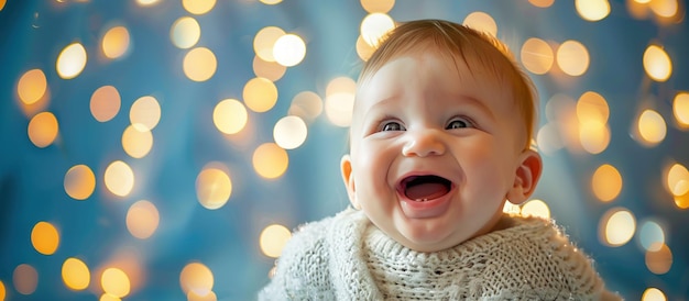 Portrait happy smiling baby face over blue bokeh lights background Generated AI image