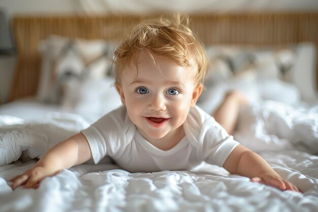 Photo portrait of a happy smiling baby is laying on a bed