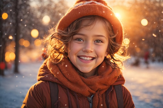 Portrait of happy smiling carefree joyful child in winter ai generative