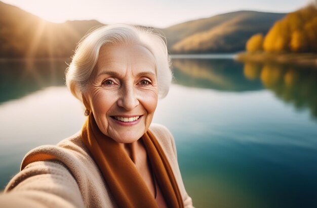 Portrait of a happy smiling elderly woman of European appearance 70 years old taking