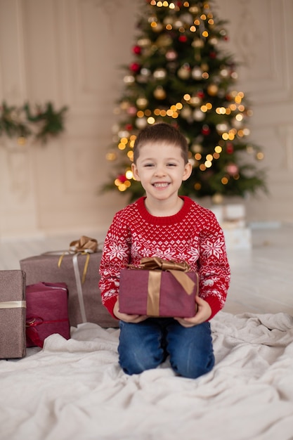 Portrait of happy smiling little boy in red knitted sweater with Christmas present box near Christmas tree.