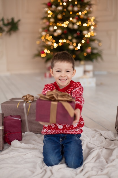 Portrait happy smiling little boy in red knitted sweater with Christmas present box near tree