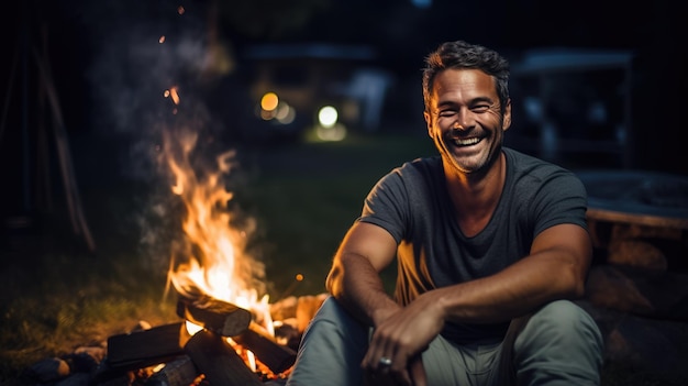 Portrait of a happy smiling man against the background of a bonfire