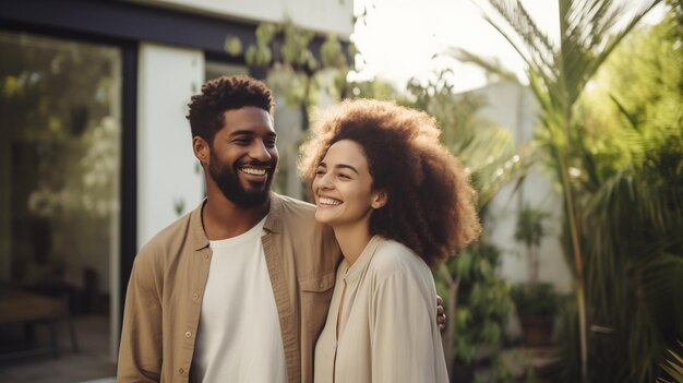 Portrait happy smiling multiethnic young couple owners in summer backyard of their own country house