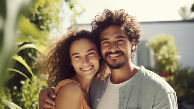 Portrait happy smiling multiethnic young couple owners in summer backyard of their own country house