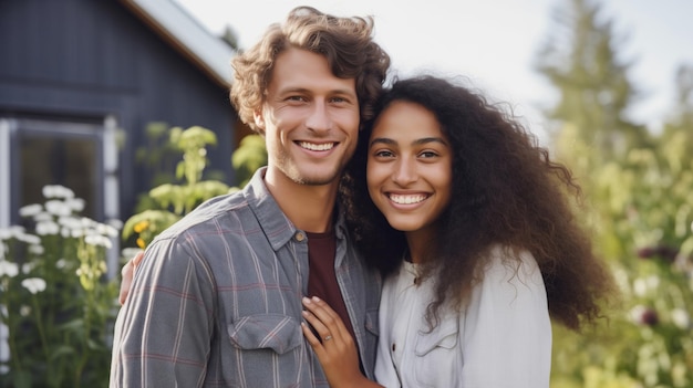 Portrait happy smiling multiethnic young couple owners in summer backyard of their own country house