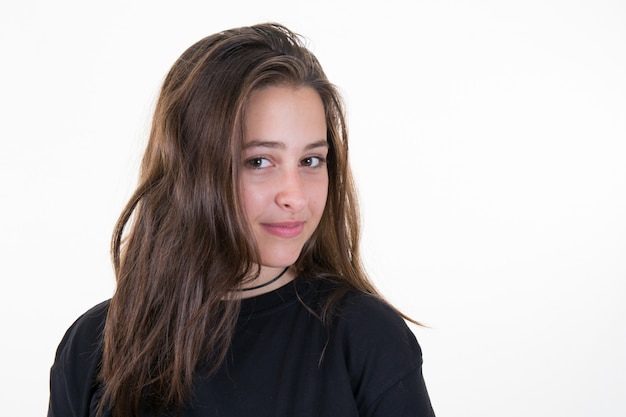 Portrait of happy smiling woman dressed in black blouse, Isolated on white