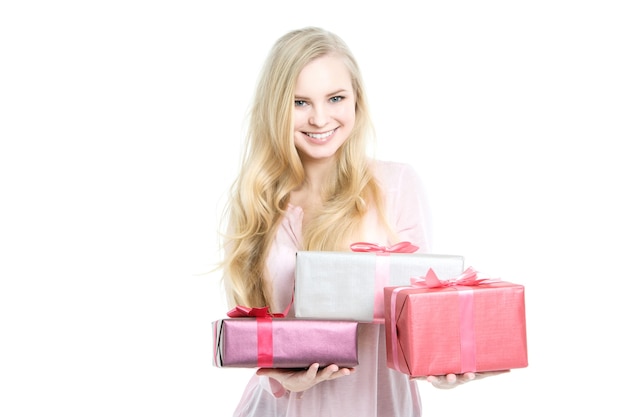 Portrait happy smiling woman hold gift box. Isolated.