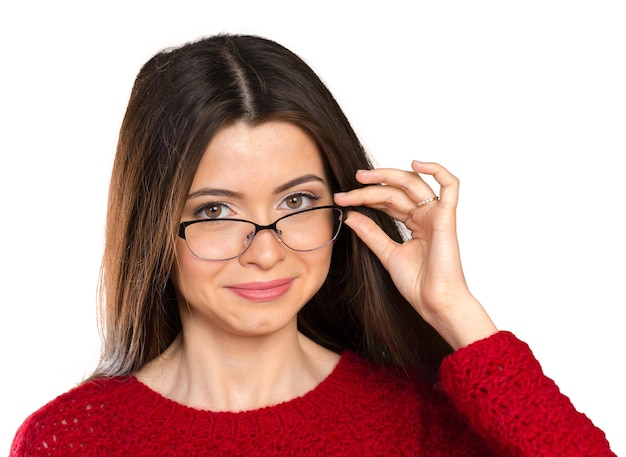 Portrait of happy smiling young business woman in glasses