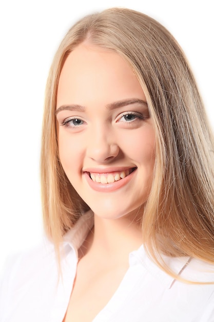 Portrait of happy smiling young cheerful business woman, isolated over white background