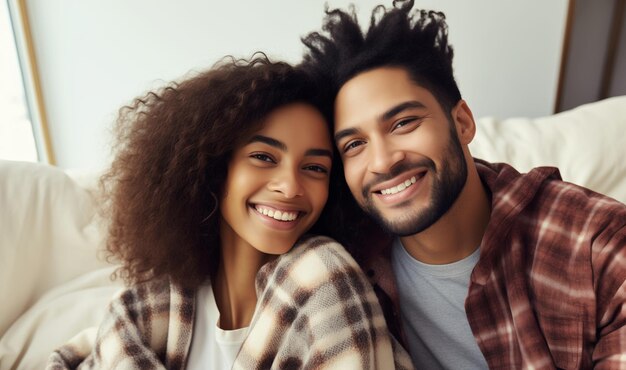 Portrait happy smiling young couple hugging cheerful woman and man sitting on sofa at home together