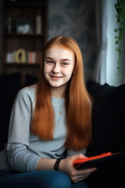 Portrait of a happy teenage girl relaxing with her digital tablet at home created with generative ai