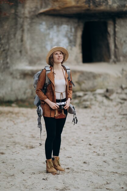 Portrait of happy traveler girl, happiness emotion, autumn holiday concept