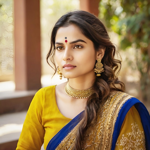 Portrait of happy woman close eyes smiling face standing with golden ornaments