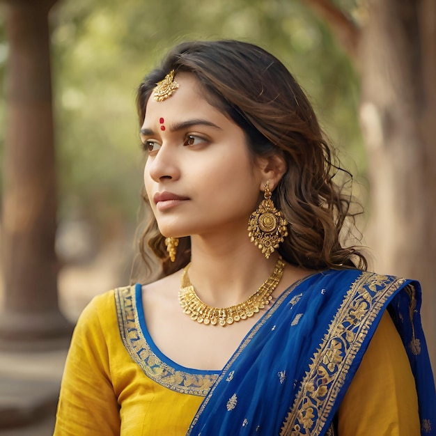 Portrait of happy woman close eyes smiling face standing with golden ornaments