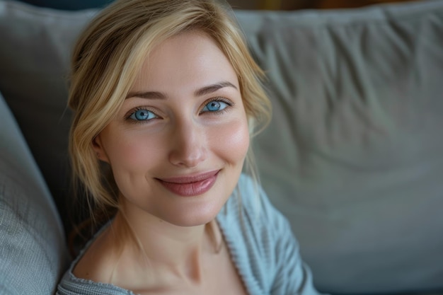 Photo portrait of happy woman in her 30s with blue eyes and blond hair smiling for camera