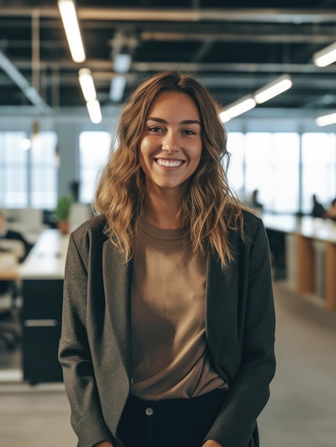 Portrait of happy woman smiling standing in modern office space