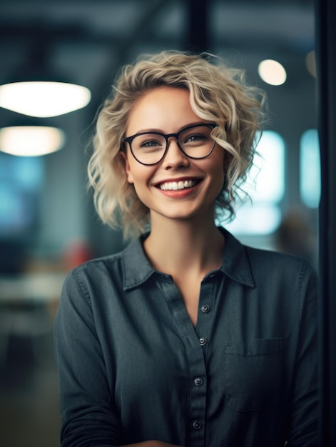 Portrait of happy woman smiling standing in modern office space