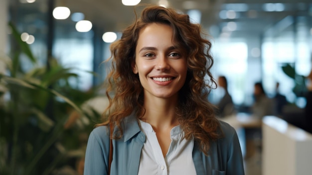 Portrait of happy woman smiling standing in modern office space