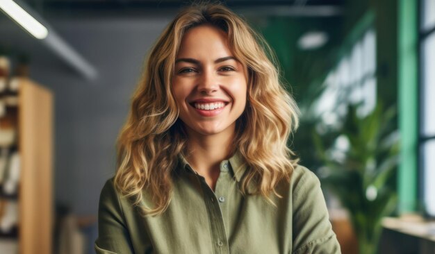 Portrait of happy woman smiling standing in modern office space