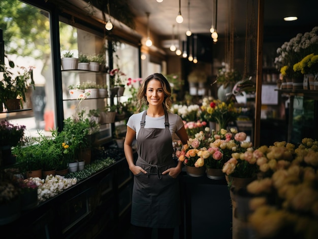 Portrait of a happy woman standing in her flower shop small business owner Generative Ai