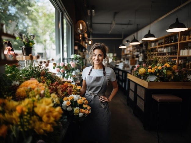 Portrait of a happy woman standing in her flower shop small business owner Generative Ai