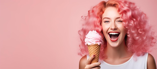 Portrait of happy woman with pink hair holding strawberry ice cream cone on pink background food concept