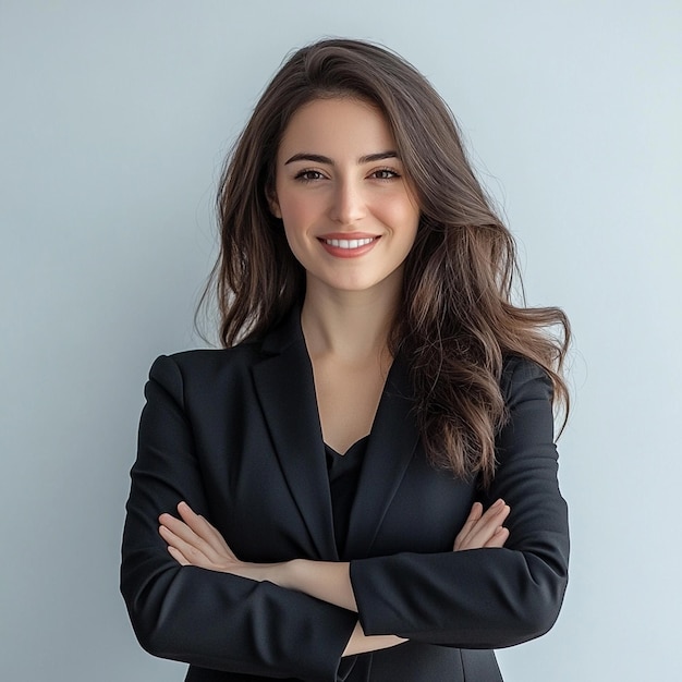 A Portrait of a happy women on suit crossed arms white background