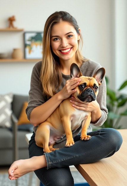 Photo portrait of happy young adult in good mood sitting on table at home crossed legs happy housewife fondling french bulldog with pleasure copy space family concept