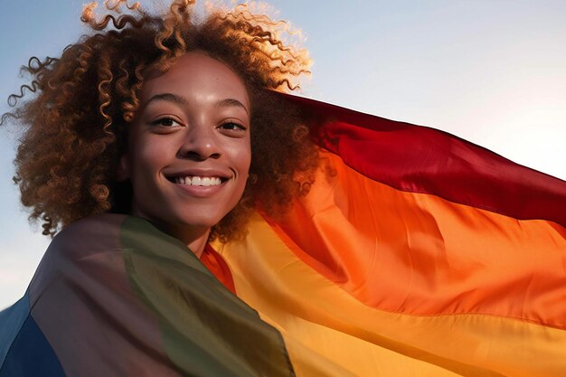 Portrait of a happy young african american woman with rainbow flag