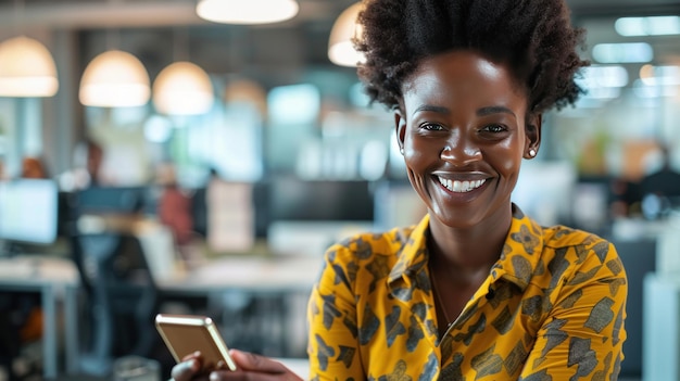 Portrait happy young african businesswoman using smartphone in the office