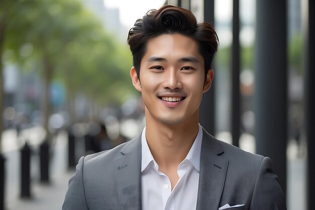 Portrait of happy young Asian businessman smiling at camera in office corridor