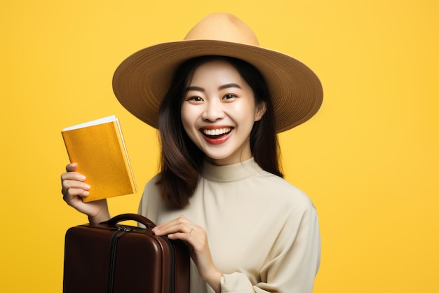 Portrait of a happy young asian woman wearing hat and backpack