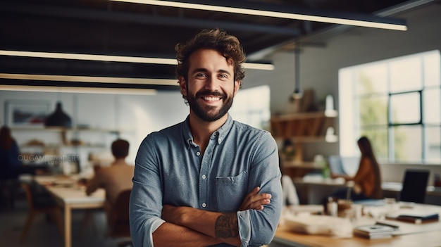 Portrait of happy young businessman posing in office interior confident man in casual clothes standing near table and smiling at camera ai design