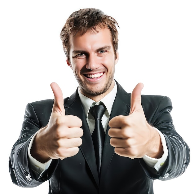 Portrait of happy young businessman showing thumbs up gesture isolated on white background