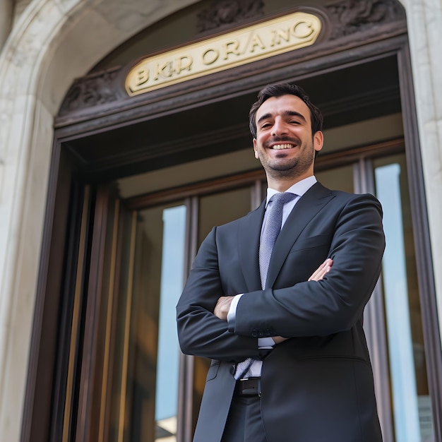 Portrait of happy young businessman standing with arms crossed outside office building