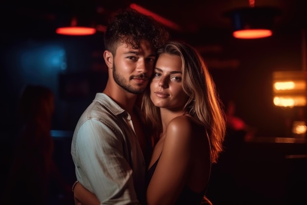 Portrait of a happy young couple in a club created with generative ai