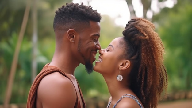 Portrait of happy young couple face to face and looking at each other Generative AI shows a lovely black couple cuddling and grinning in a park