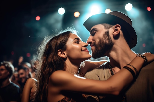 Portrait of a happy young couple posing together at a concert created with generative ai