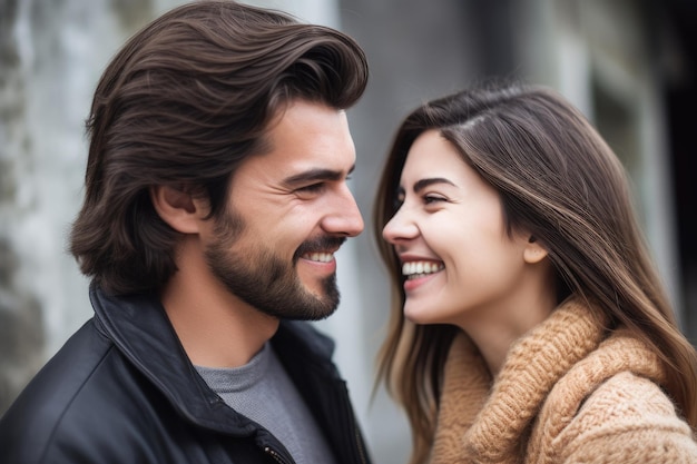 Portrait of a happy young couple smiling at each other created with generative ai