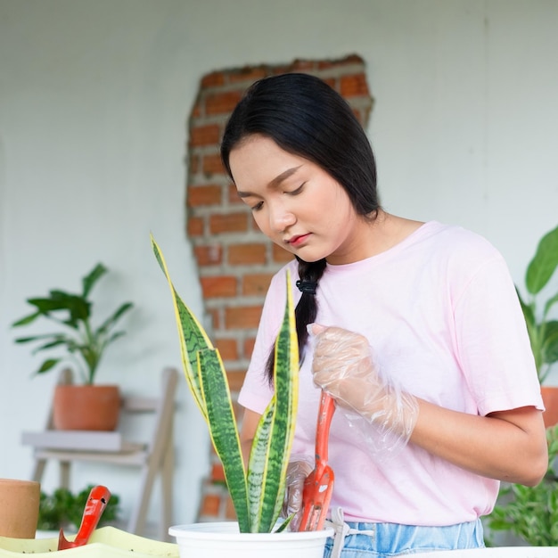 Portrait happy young girl plant a tree in pot at home Asian girl