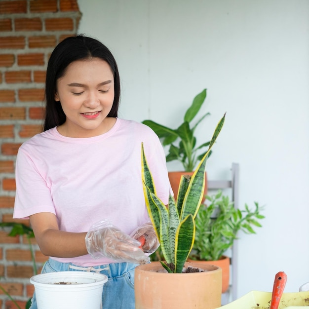 Portrait happy young girl plant a tree in pot at home Asian girl