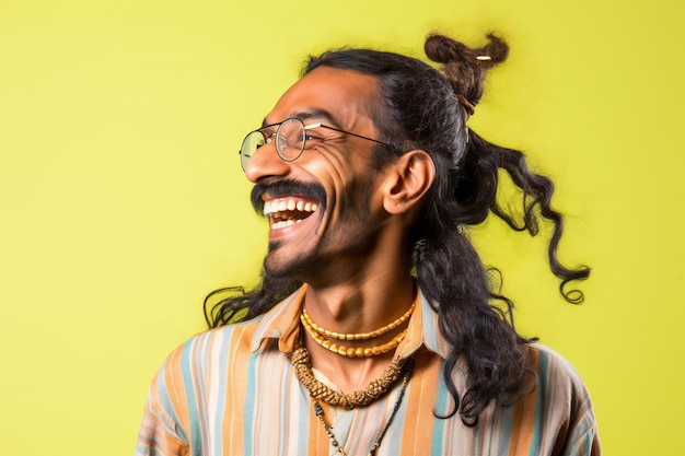 Portrait of happy young indian man with dreadlocks on yellow background