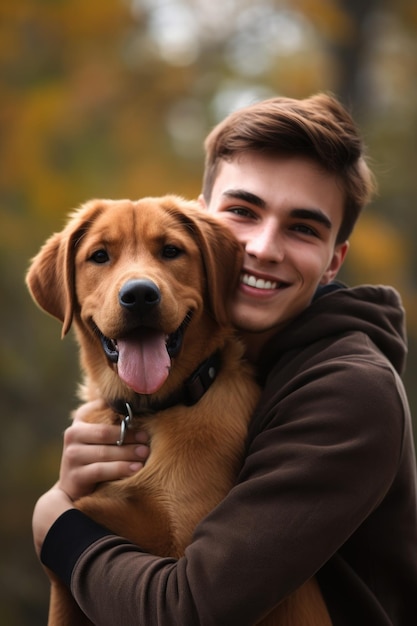 Portrait of a happy young man carrying his dog in his arms outdoors