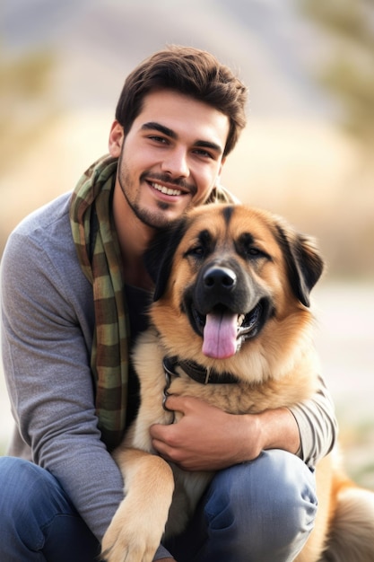 Portrait of a happy young man enjoying the outdoors with his dog created with generative ai