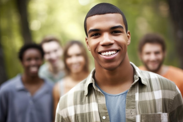 Portrait of a happy young man standing in front of some friends