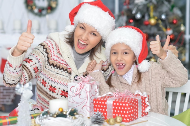 Portrait of happy young mother and daughter preparing for Christmas