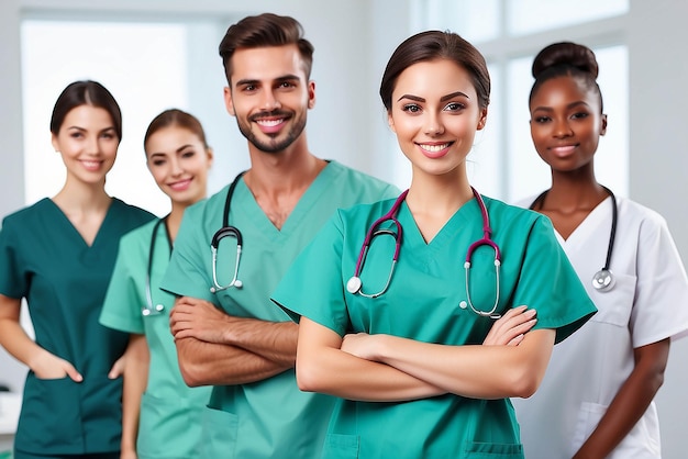 Portrait of happy young nurse in uniform with healthcare team in background Successful team of doctor and nurses smiling Beautiful and satisfied healthcare worker in private clinic looking at camera