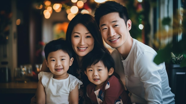 Portrait of a happy young smiling Asian family Mom Dad son and Daughter looking at the camera in the living room of the house